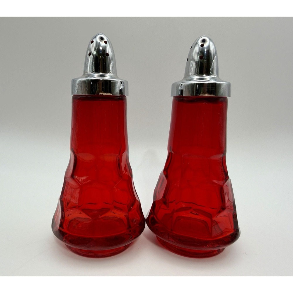 Fenton Art Glass Vintage Tall Red Thumbprint Salt and Pepper Shaker Set